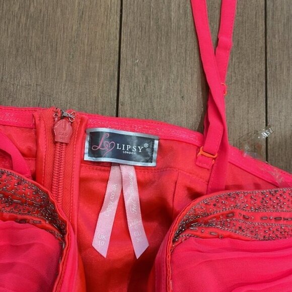 Lipsy asymmetric waterfall neon pink dress sparkle beads US6 removable straps - Picture 6 of 8